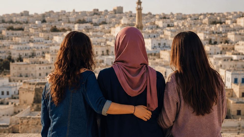 Women overlooking a Tunisian city